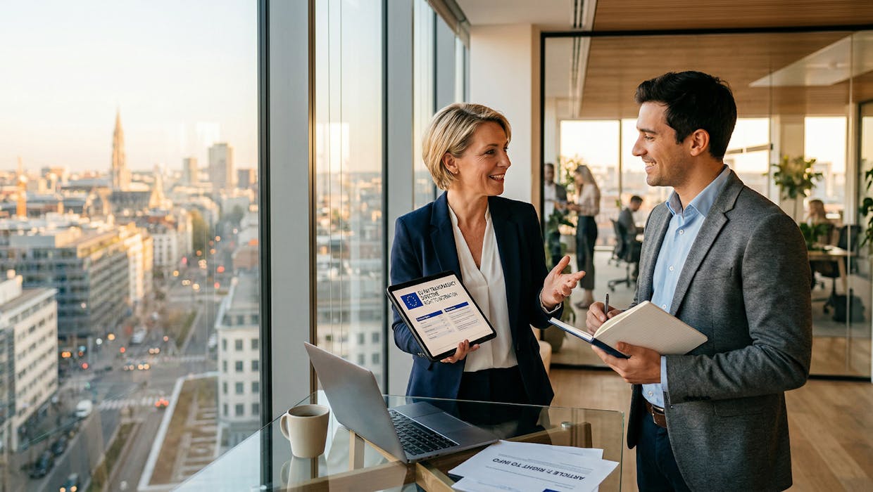 A woman and a man in an office setting.