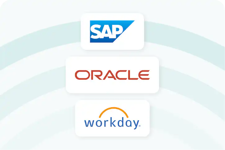 The logos of SAP, Oracle and Workday