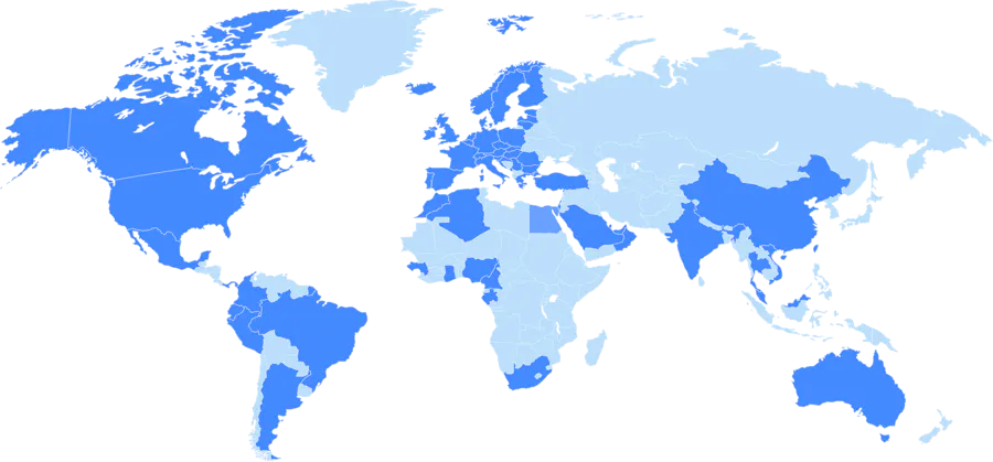 A world map with some highlights in dark blue