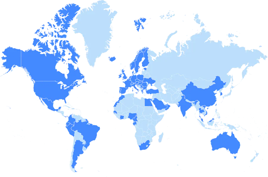 A world map with some highlights in dark blue