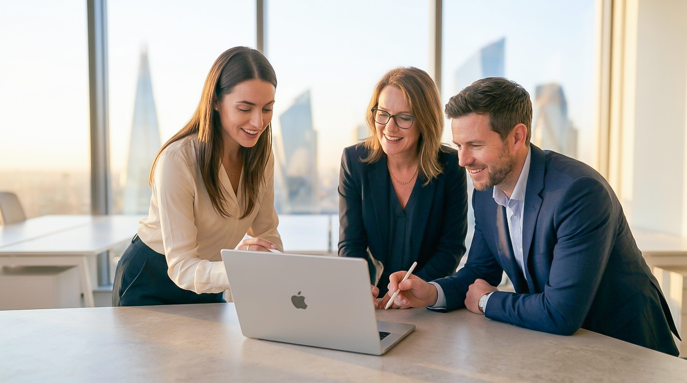 Employees in the office at a computer