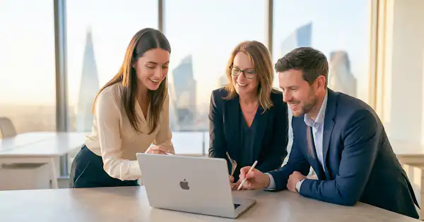 Employees in the office at a computer