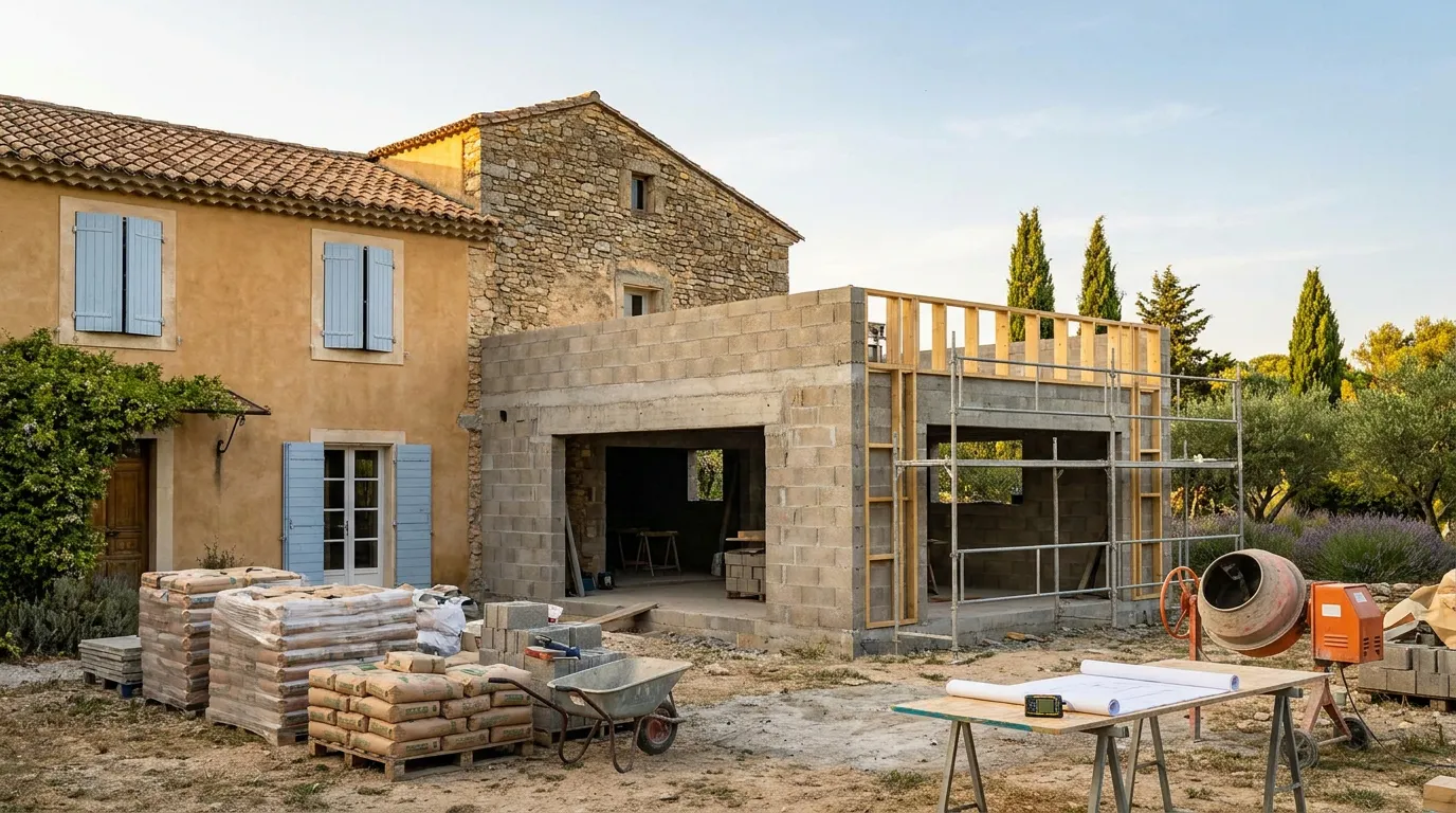 Chantier d'extension de maison en pierre dans le sud de la France, gros œuvre en cours