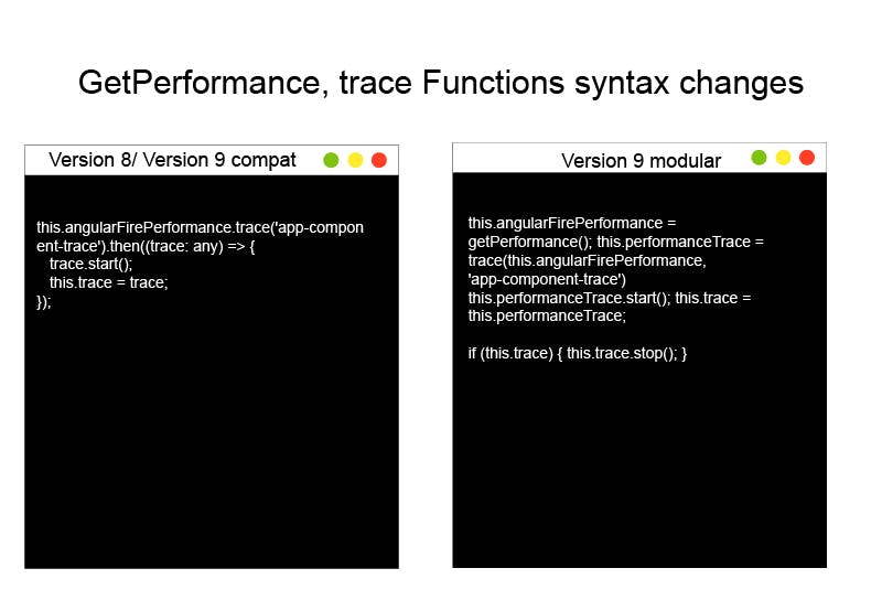getPerformance, trace Functions syntax changes