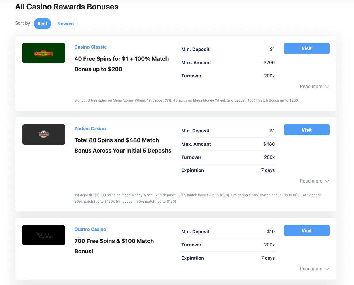 choose any casino rewards bonus from our list