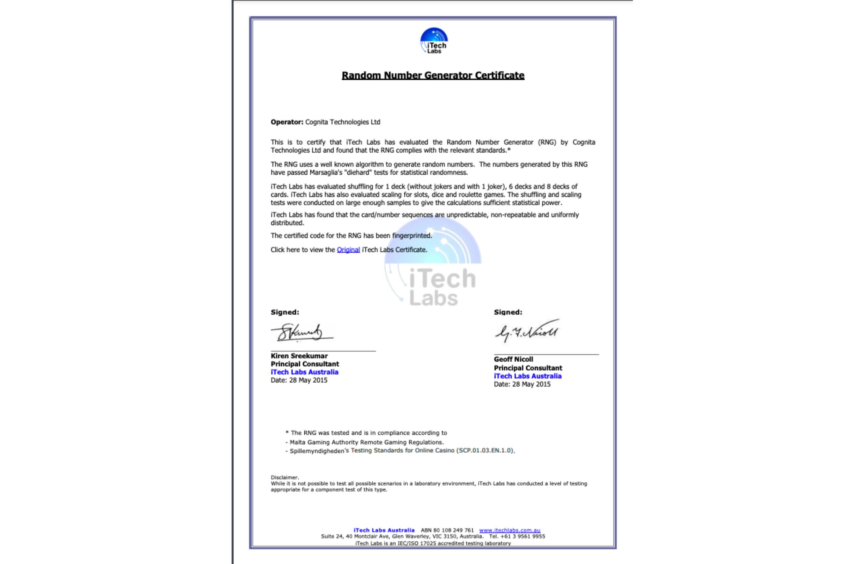 LuckyNiki iTechLabs Certification