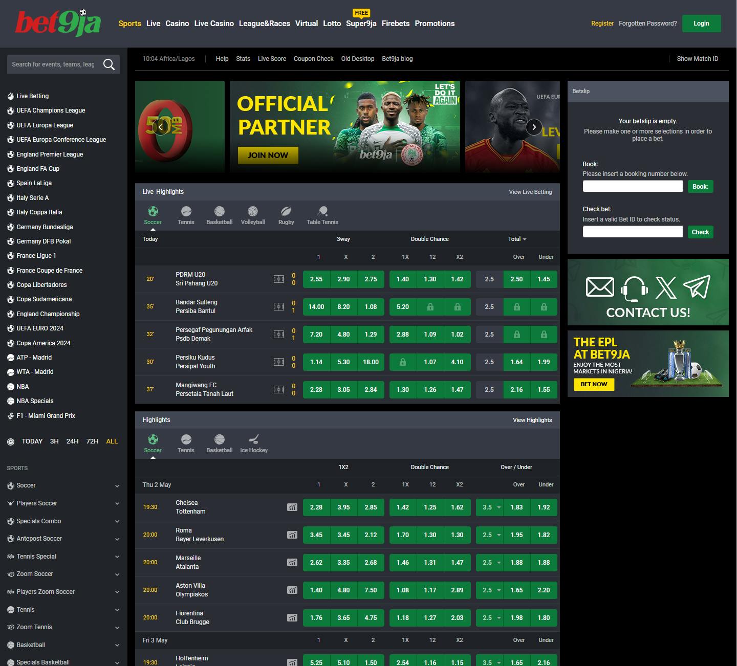 Bet9ja sports betting page