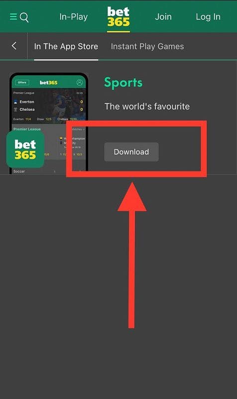 Select bet365 sports app and download button