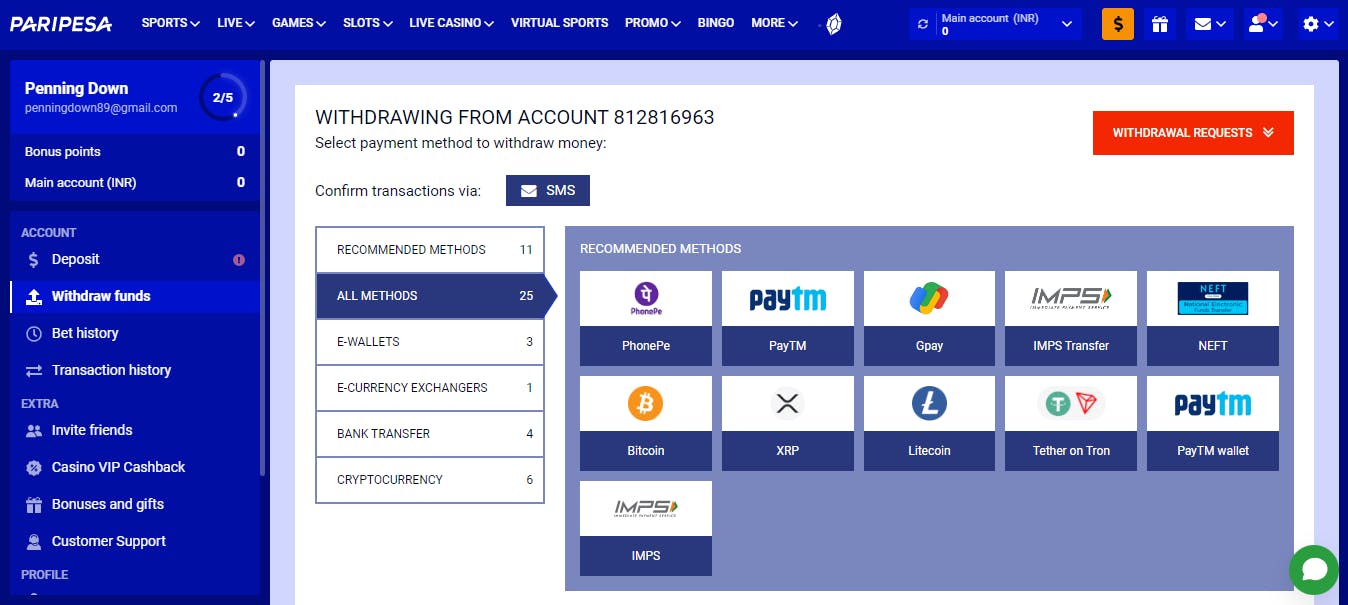 Withdrawal on Paripesa South Africa