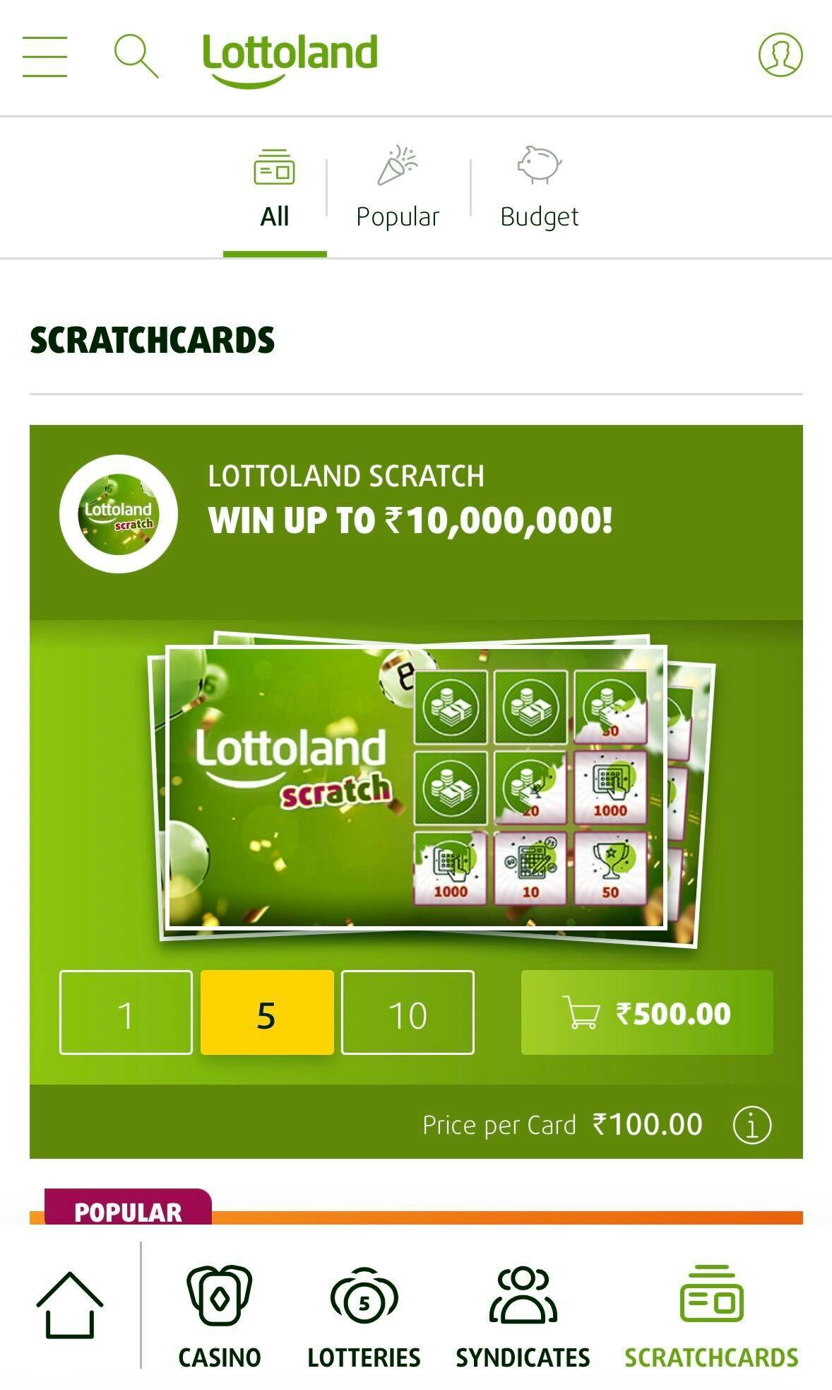 Lottoland app scratchcards page