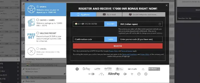 Register and bonus page on Megapari