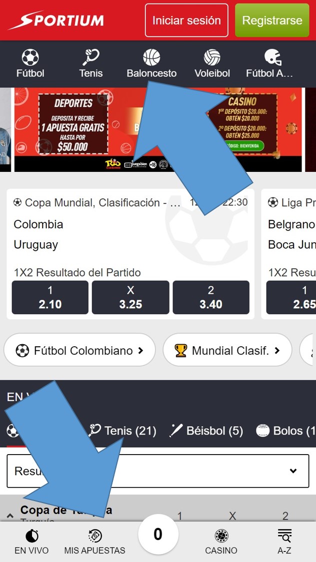 Navegación en la sección de apuestas de Sportium Colombia