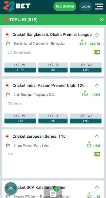 22Bet app live cricket betting