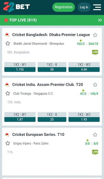 22Bet app live cricket betting