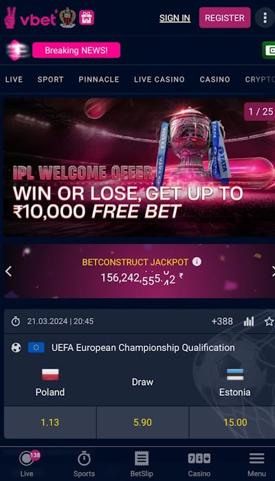 Vbet mobile site homepage and offer