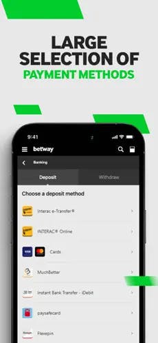 Betway Ontario app large selection of payment methods