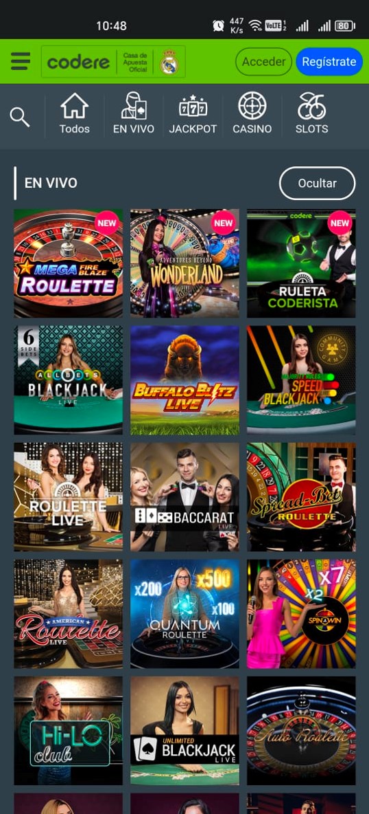 el casino en vivo de Codere en el celular