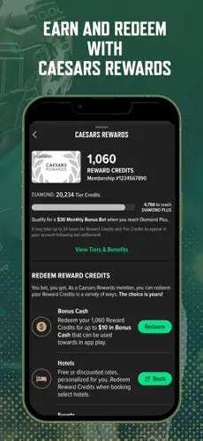 Caesars Ontario app - earn and redeem with Caesars rewards