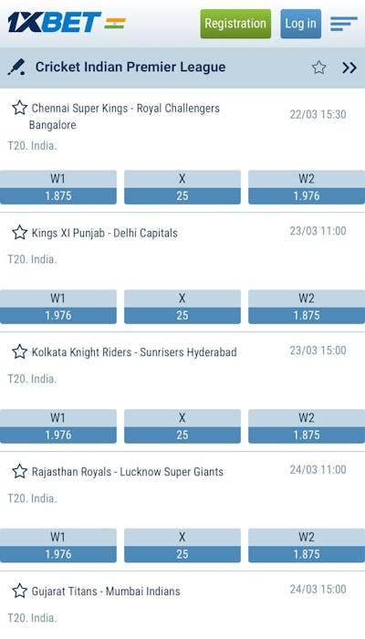 1xBet betting app in India cricket betting page