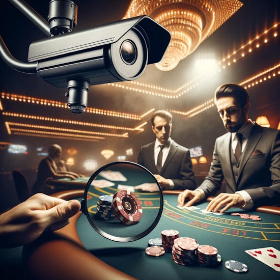 A casino setting with a dealer dealing cards, while a surveillance camera overhead closely monitors the action.
