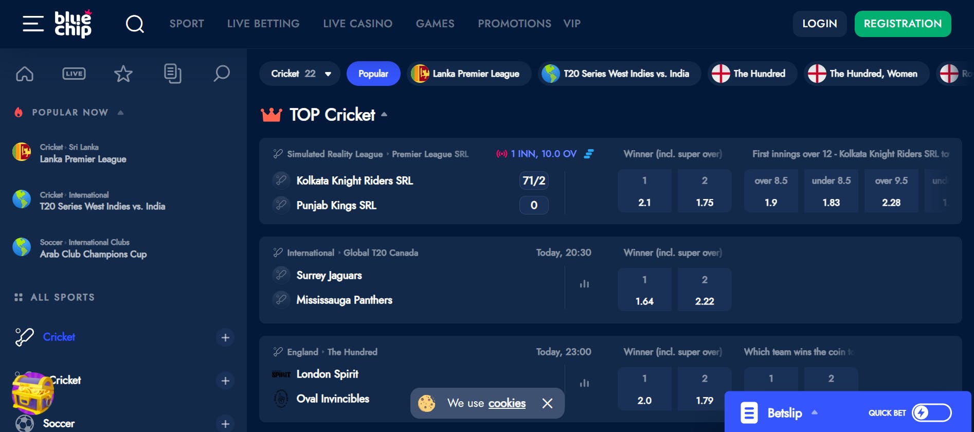 Cricket betting page on Bluechip