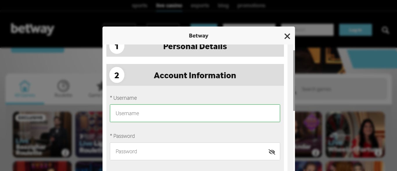 Betway username and password