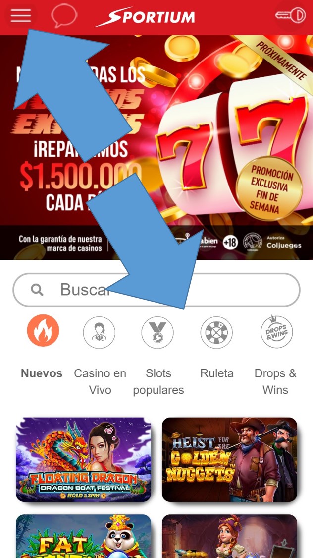 Navegación en la sección de casino de Sportium Colombia