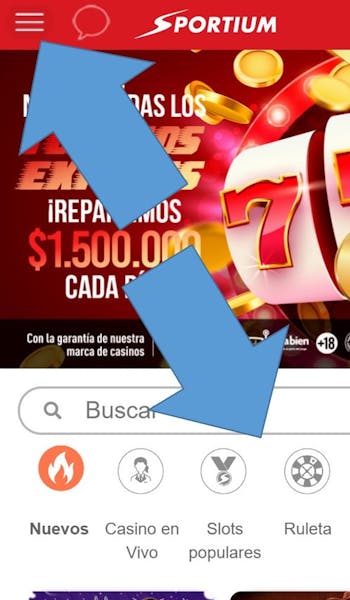 Navegación en la sección de casino de Sportium Colombia
