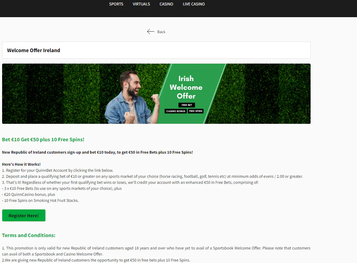 Quinnbet Irish welcome offer