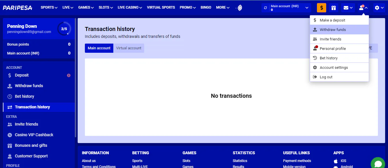 Withdraw funds on Paripesa.