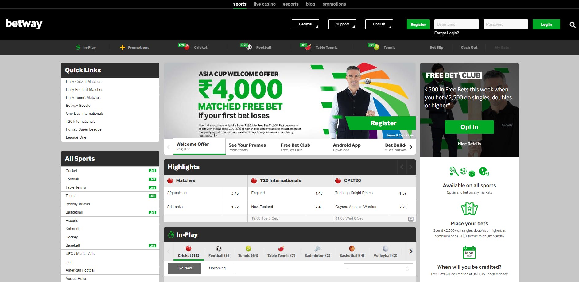 Betway sports page mobile