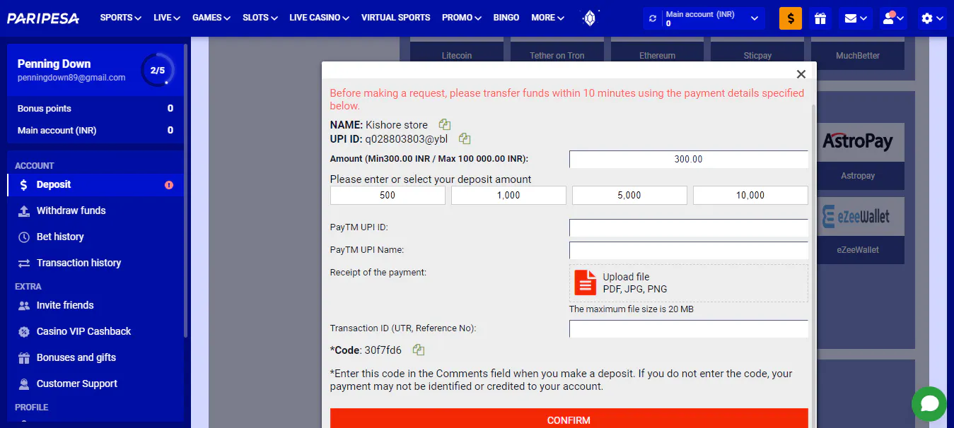 Confirm deposit Paripesa