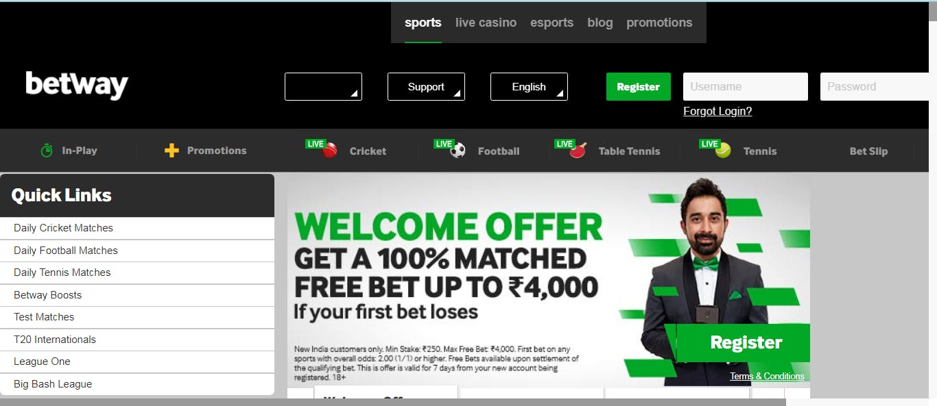Betway register page
