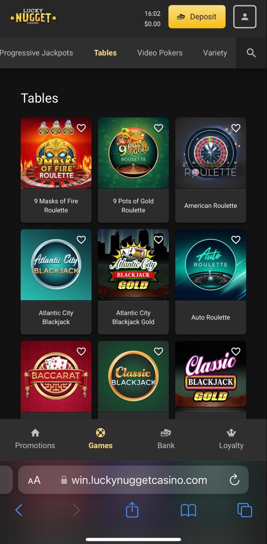 lucky nugget tables selection