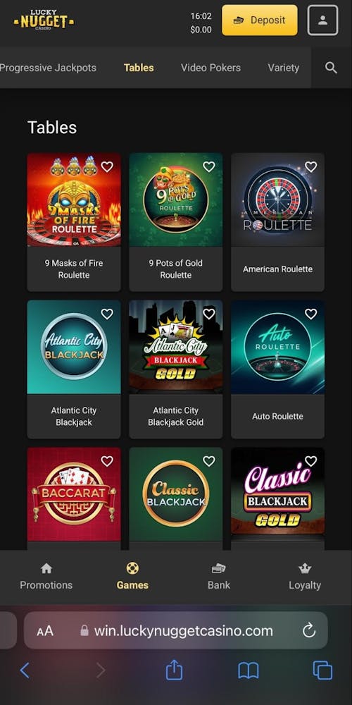 lucky nugget tables selection