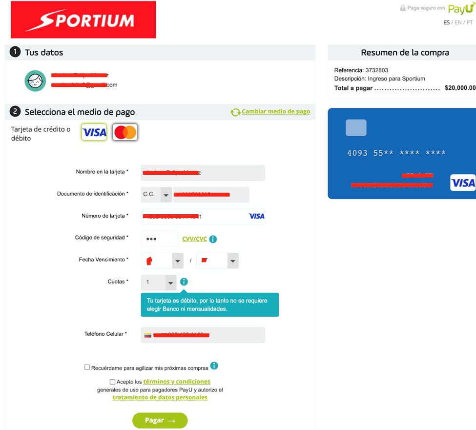 depositar e la tarjeta en Sportium