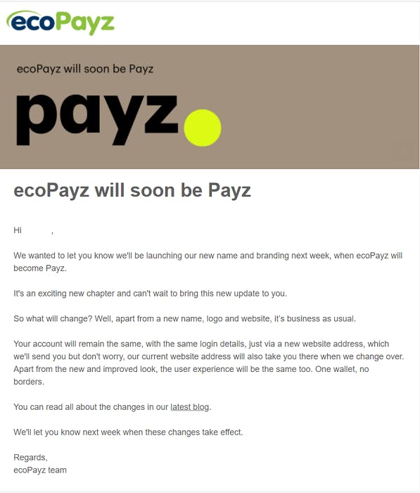ecoPayz rebranding annoucement email
