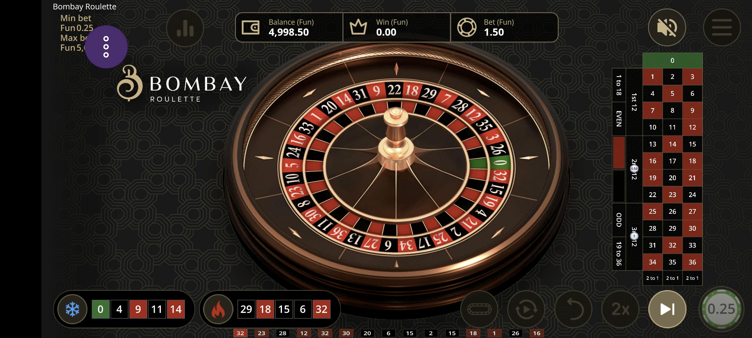 Bitcasino Bombay Roulette ゲームプレイ画面