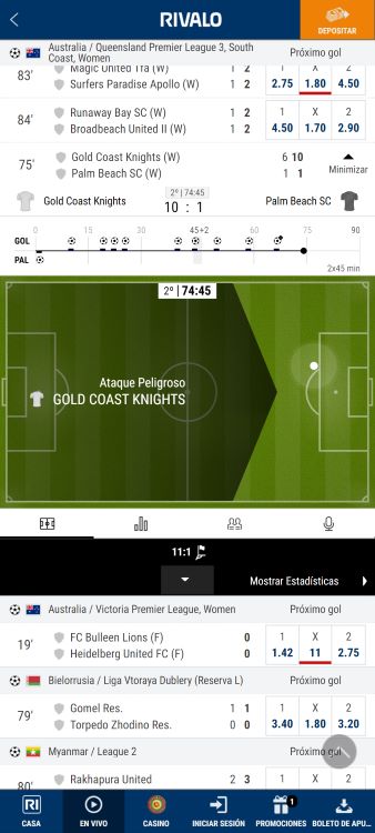 interfaz de apuestas en vivo en Rivalo