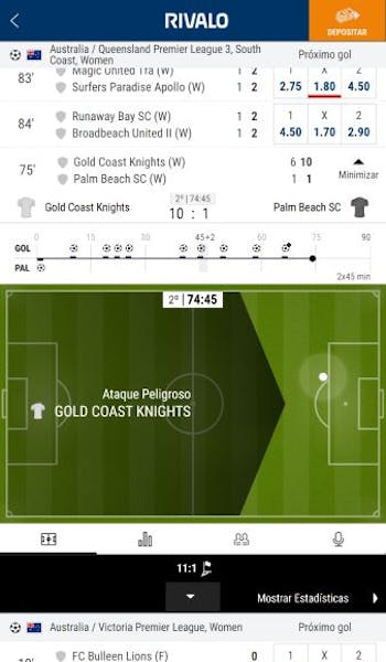 interfaz de apuestas en vivo en Rivalo
