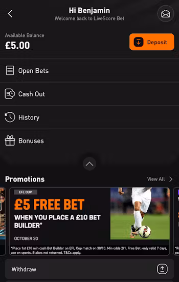 LiveScore Bet Deposit/Withdrawal 1 UK