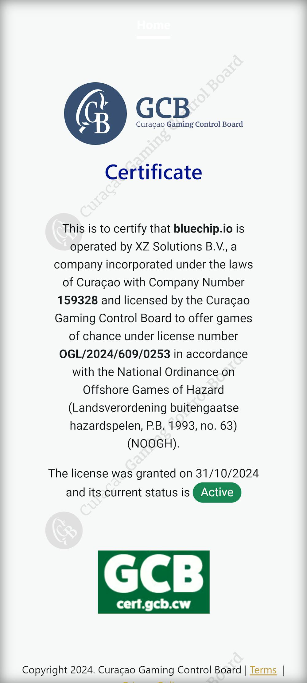 BlueChip GCB Licence Certificate