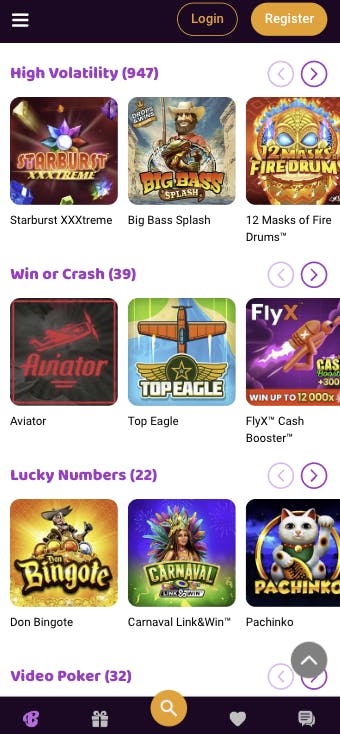 boo casino game selection