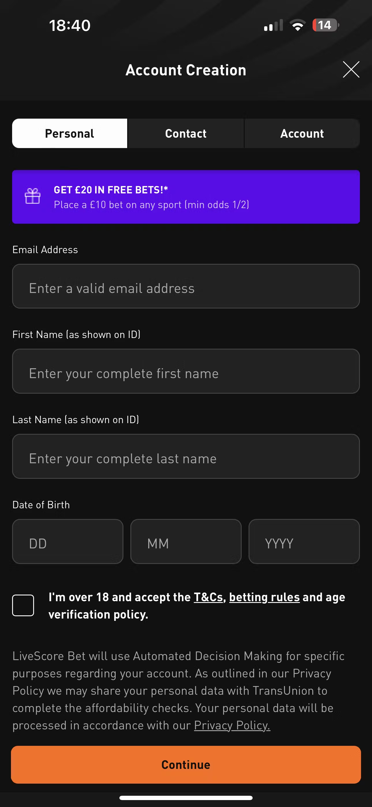 LiveScore Bet Registration