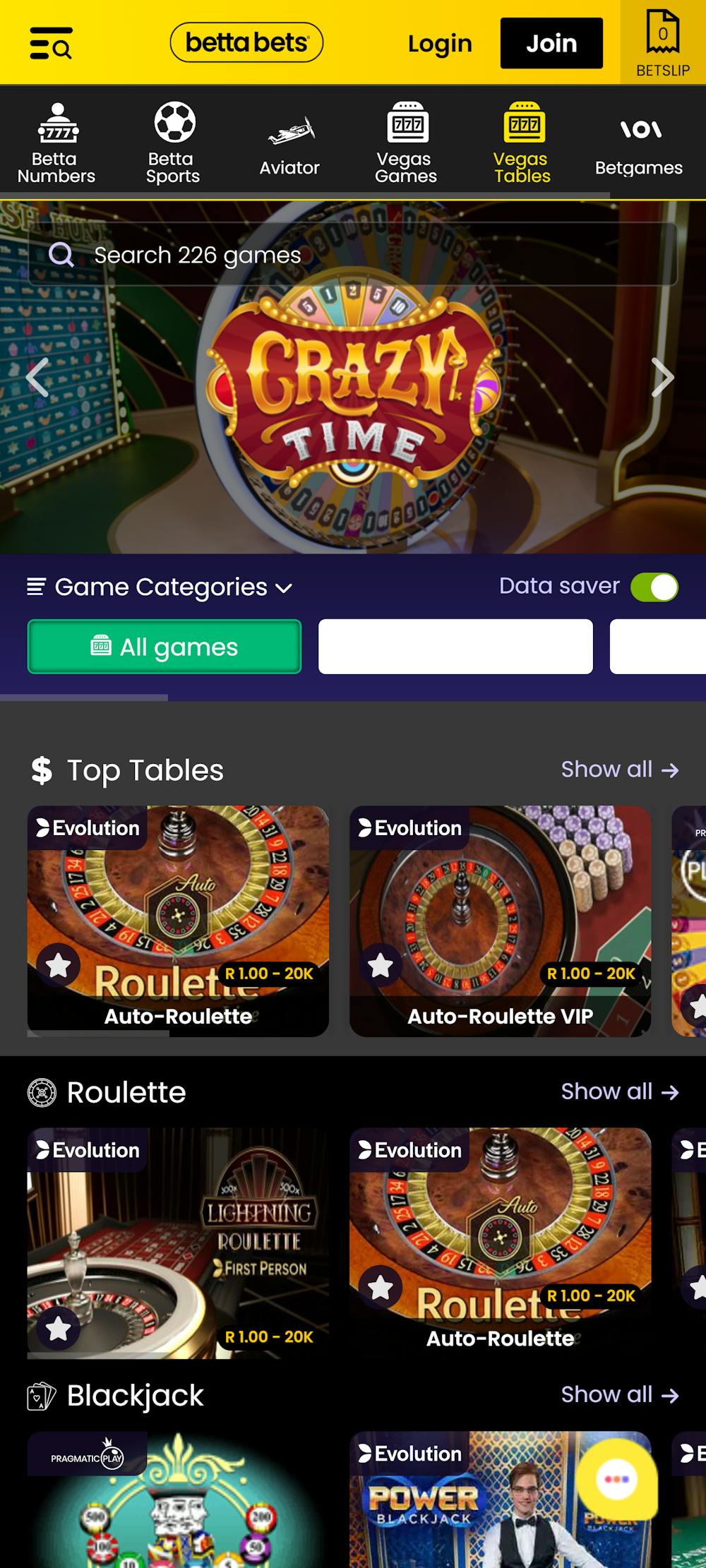 Bettabets Table Games