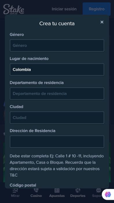 Pantalla de registro en Stake