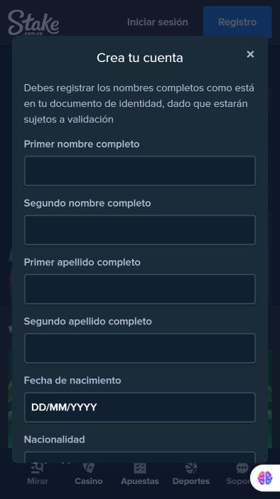 Stake Colombia registro paso 1