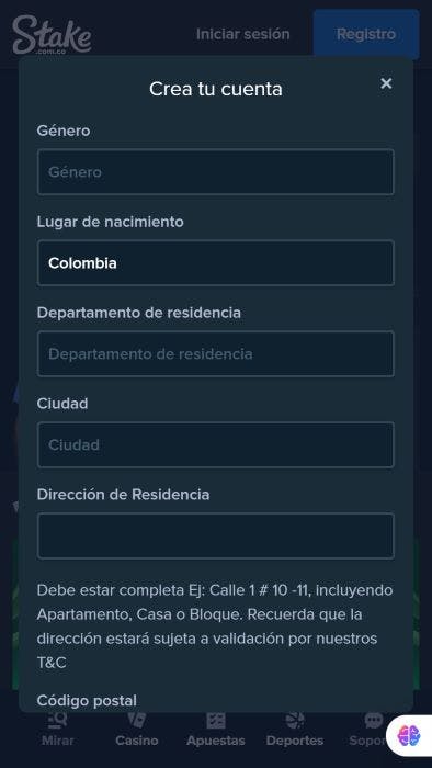 Stake Colombia registro paso 2