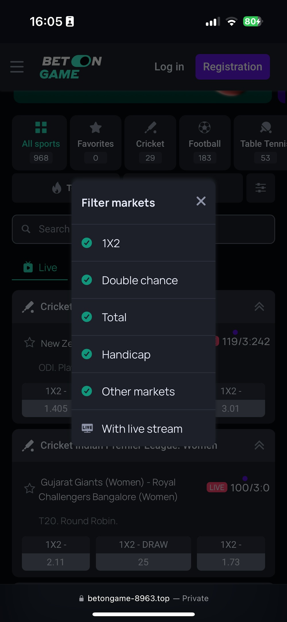 Betongame Sportsbook Filter