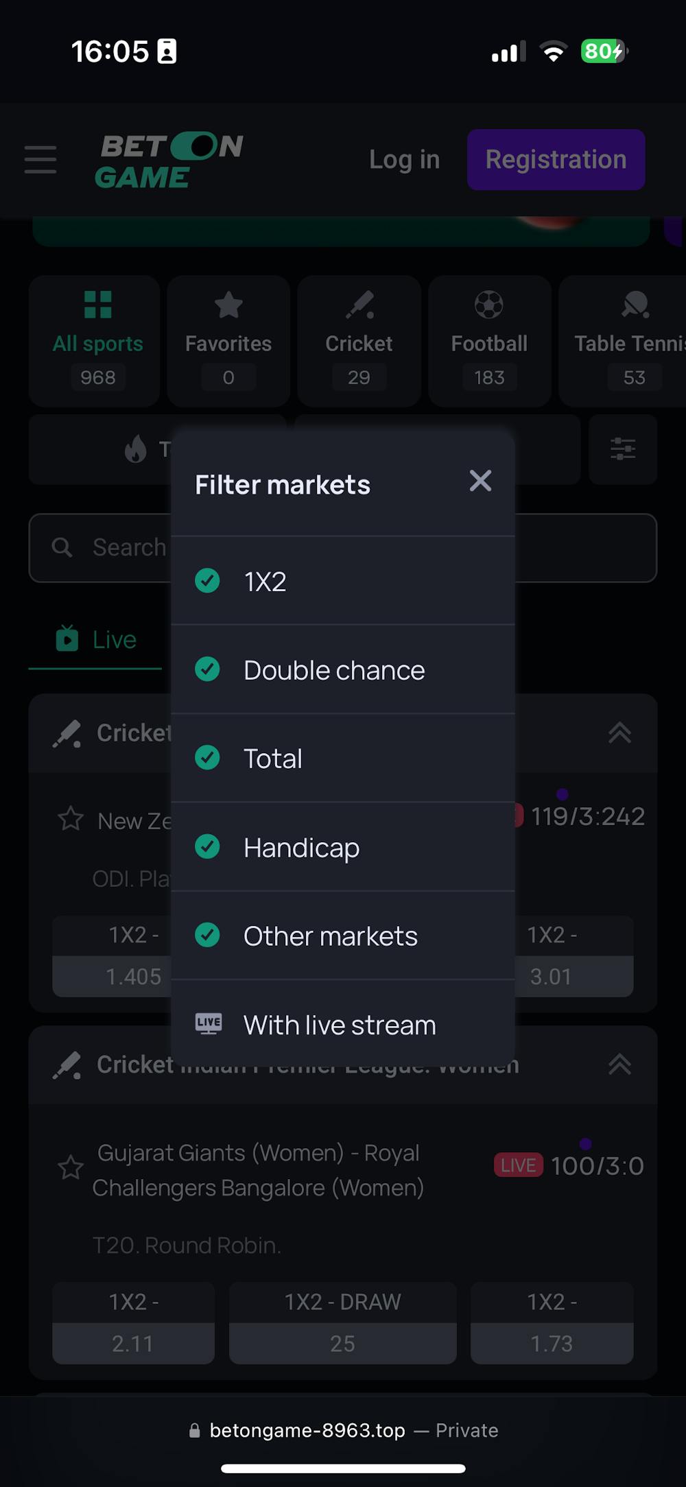 Betongame Sportsbook Filter